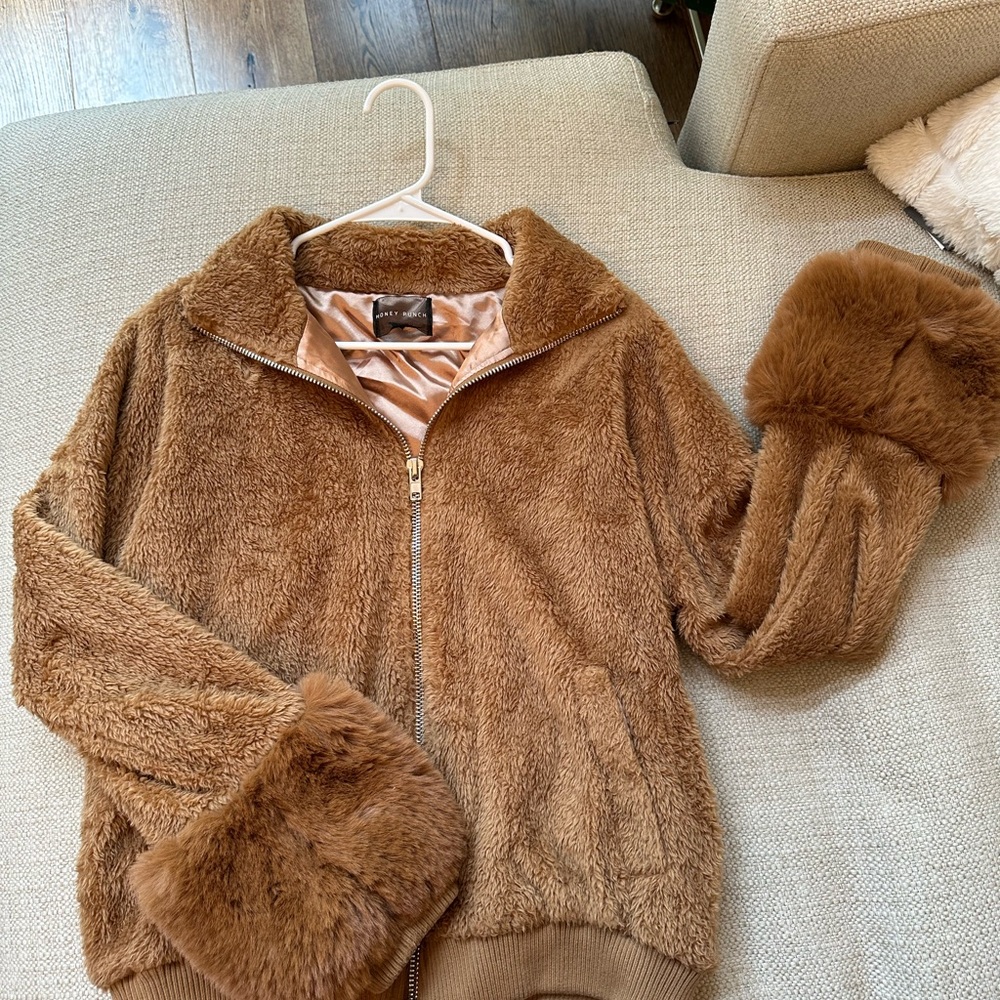 Honey Punch brown furry zip up with cuffs